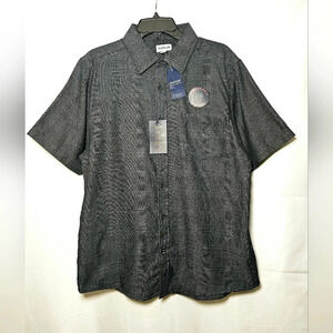 🛑 NWT Haggar Mens The Tuckless Shirt Black Gray Plaid Short Sleeve Button-up L